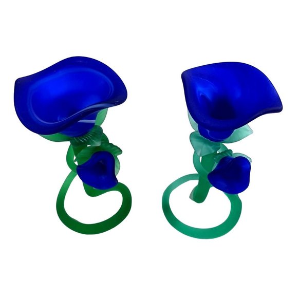 MURANO Cobalt Blue Rose Flower Tulip Art Glass Candle Candlestick Holder Vintage - Picture 5 of 11